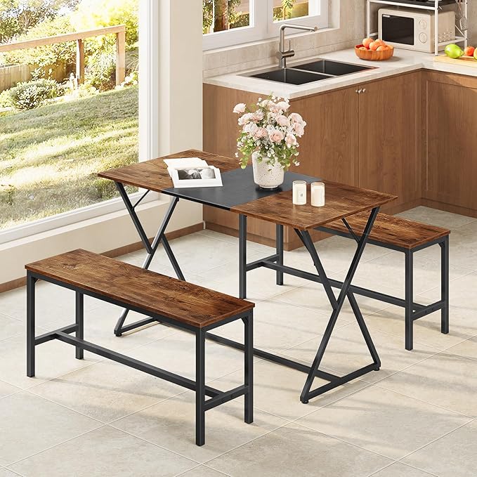 HOOBRO Dining Benches, Pair of 2 Industrial Kitchen Table Benches, Wooden Indoor Benches, Durable and Stable, for Dining Room, Kitchen, Living Room, Bedroom, Rustic Brown BF02CD01
