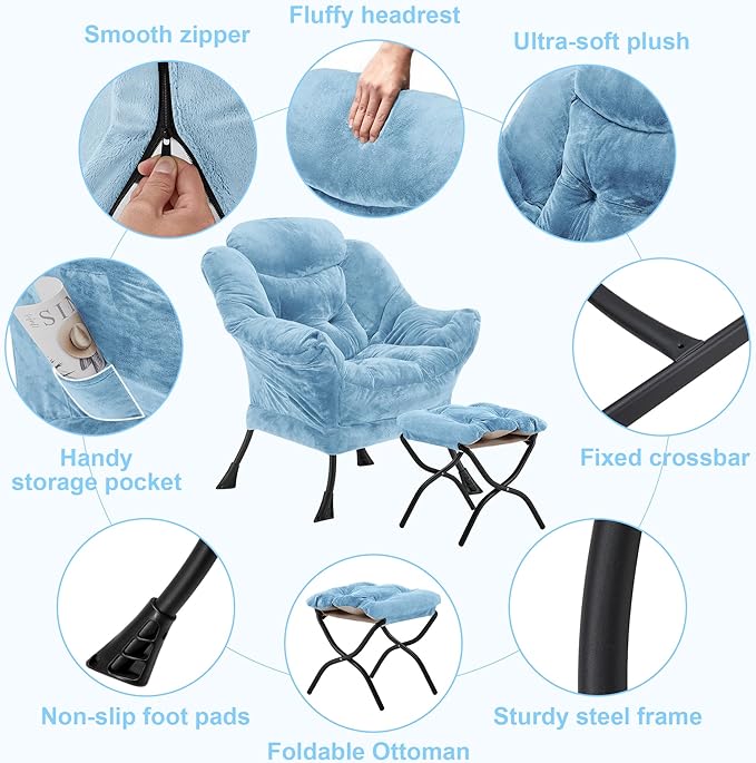 Fabric Lazy Chair with Ottoman, Oversized Upholstered Sofa Chair for Adults, Plush Comfy Lounge Chair with Large Side Storage Pocket, Reading Chair for Living Room, Bedroom, Study Room, Blue