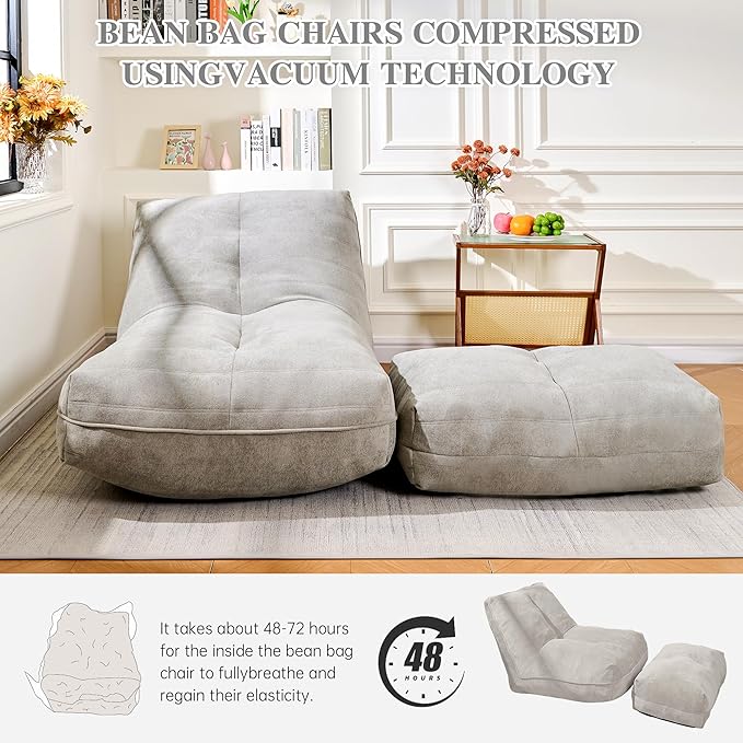 Bean Bag Chair with Ottoman, Comfy Bean Bag Sofa with Memory Foam, Lazy BeanBag Sofa with Footstool, Fireside Bean Bag Couch for Living Room, Bedroom, Apartment (Gray)