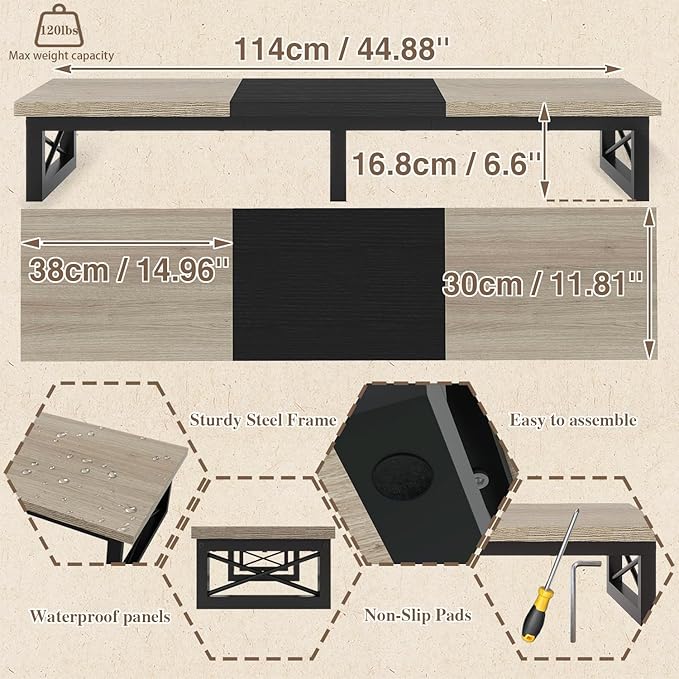 IBUYKE 45" Large TV Riser for 32-60 inch TV,Tabletop Short TV Stand with Storage and Steel Legs,Dual Screen Office Desk,Stand Riser,TV Riser Stand for Home,Bedroom,Living Room,Greige Black TVT002YB