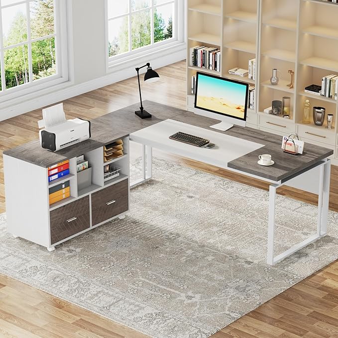 Tribesigns 2-Drawer Wood File Cabinet, Mobile Lateral Filing Cabinet for Hanging Letter Size Files, Printer Stand with Open Storage Shelves for Home Office (Grey & White)