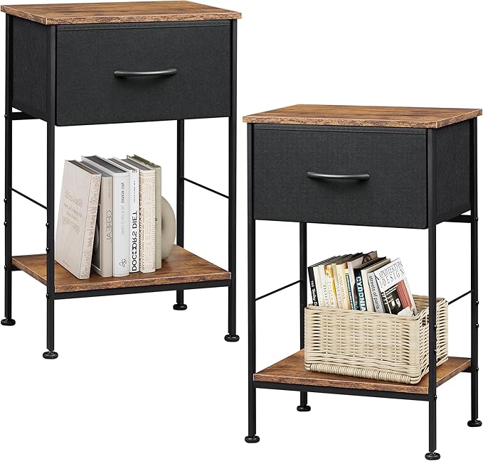 WLIVE Nightstand Set of 2, End Table with Fabric Storage Drawer and Open Wood Shelf, Bedside Furniture with Steel Frame, Side Table for Bedroom, Dorm, Black and Rustic Brown, 25.03" Height