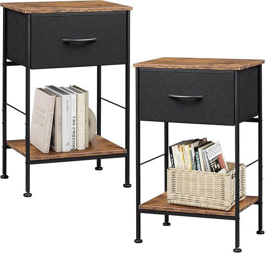 WLIVE Nightstand Set of 2, End Table with Fabric Storage Drawer and Open Wood Shelf, Bedside Furniture with Steel Frame, Side Table for Bedroom, Dorm, Black and Rustic Brown, 25.03" Height