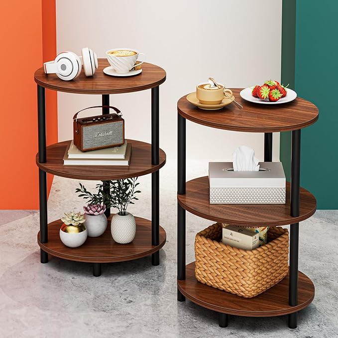 Small Round Side Table - 3-Tier Oval Accent Table for Small Spaces, Rustic Wood and Metal Couch End Table, Nightstand for Bedroom or End Table Living Room, Set of 2, Rustic Walnut