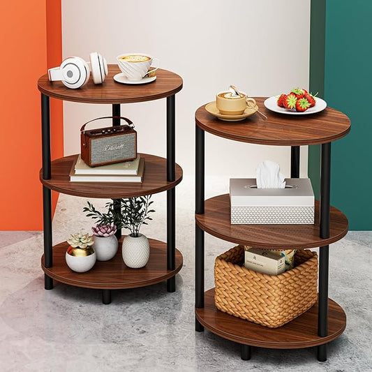 Small Round Side Table - 3-Tier Oval Accent Table for Small Spaces, Rustic Wood and Metal Couch End Table, Nightstand for Bedroom or End Table Living Room, Set of 2, Rustic Walnut