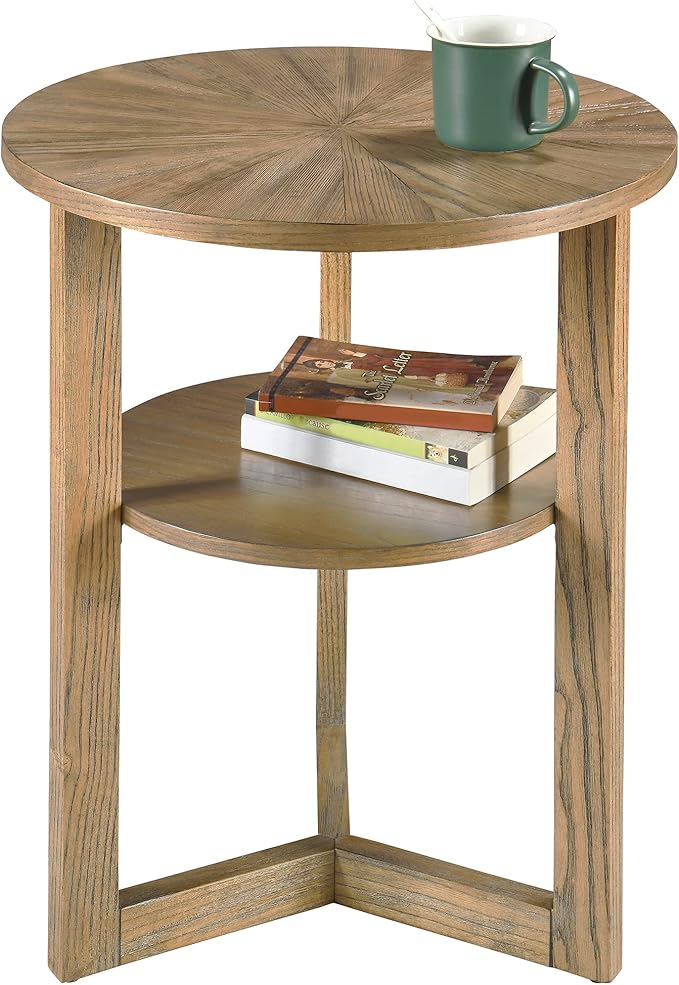 MODERION Round End Table, Farmhouse Side Table with Storage Shelf, Classic Circular Solid Wood Beside Table, 2-Tier Telephone Table, Nightstand, 24”H x 19.3”D for Living Room Rustic Natural BZ3338