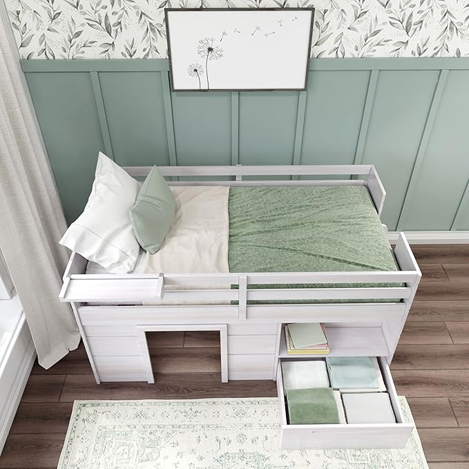Max & Lily Loft Bed Twin Size, Solid Wood Low Loft Bed with Storage Drawer and Ladder, Modern Farmhouse Loft Bed for Kids, White Wash