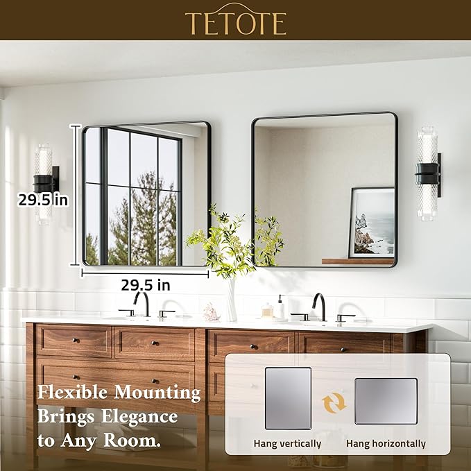 TETOTE Black Bathroom Mirror 30 x 30 Matte Black Metal Framed Vanity Mirror, Tempered Glass, Wall Mounted for Bathroom, Entryway, Bedroom, Living Room(Horizontal/Vertical)