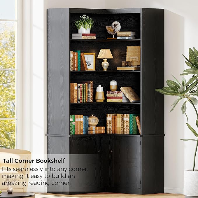 IRONCK Corner Bookshelf with Doors, 6 Tier Bookcase with Storage, Corner Shelf with Cabinet, Large Tall Bookshelf for Living Room, Home Office, Bedroom,Black