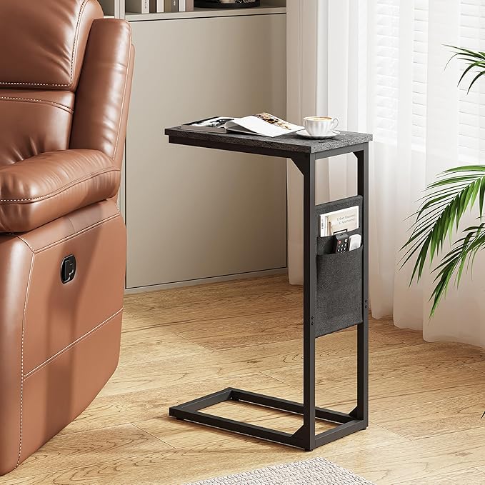 TUTOTAK C Shaped End Table, Side Table for Couch, Sofa Table with Storage Bag, TV Tray for Living Room, Bedroom, Charcoal Grey TB01BY0822