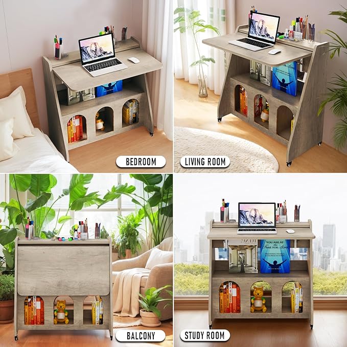 Pmnianhua Portable Mobile Desk on Wheels,Mobile Workstation,Rolling Computer Desk with Wheels and Storage for Home Office Small Space (Grey)