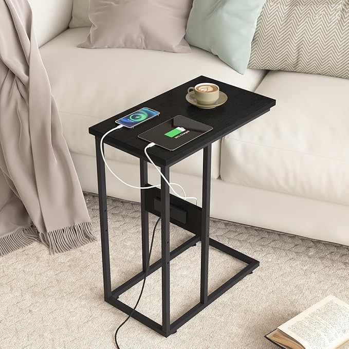 VECELO C Shaped End Side Table with Charging Station & Power Outlets for Couch Sofa/Bed, Snack TV Tray with Metal Frame for Living Room Bedroom 2 Set, Black