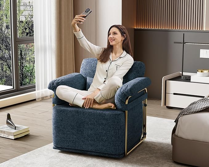 KEIKI Modern Comfy Swivel Accent Reading Chair with Waist Pillows, 360°Square Upholstered Barrel Armchair Single Club Lounge Sofa Chairs for Living Room,Bedroom,Office,Blue