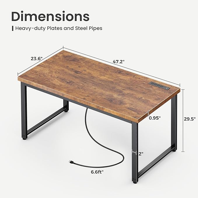 Huuger 48 x 24 inch Desk with Power Outlets & USB-C, Deeper & Thicker Desktop, Robust Metal Tubes, Computer Desk, Heavy Duty Office Desk, Work Gaming Desk for Home Office, Rustic Brown