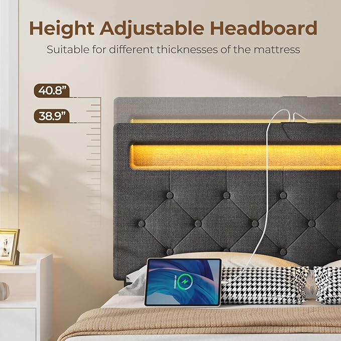 Rolanstar Twin Bed Frame with 4 Storage Drawers and Charging Station,Twin Bed with Led Lights, 2 USB & 1 Type C, Adjustable Headboard 38.9/40.8 Inches, No Box Spring Needed, Grey