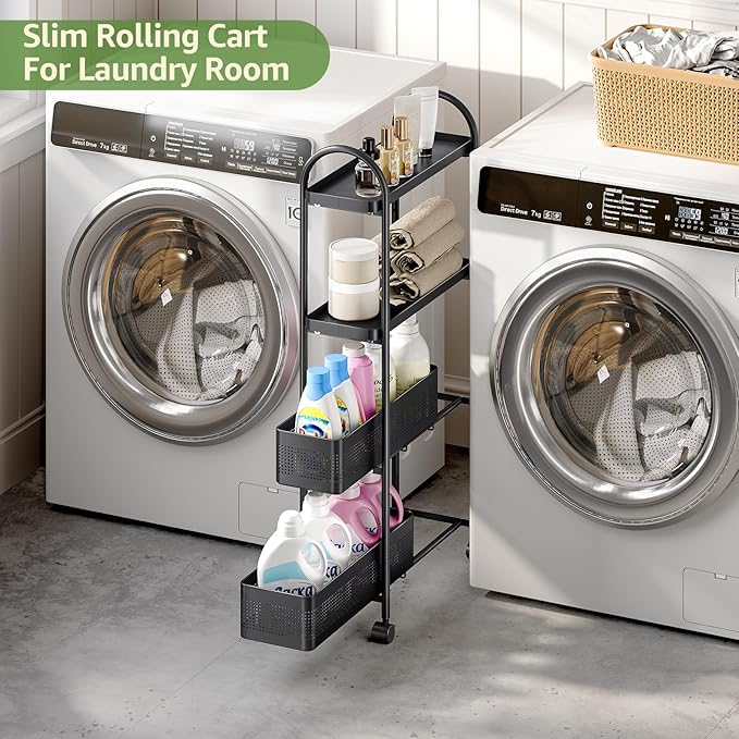 KINGRACK 4-Tier Slim Storage Cart with Pull Out Basket, Rolling Bathroom Organizer Utility, Metal Shelving Unit Slide Out, Lockable Wheels, Easy Assembly for Narrow Place, Kitchen, Laundry Room, Black