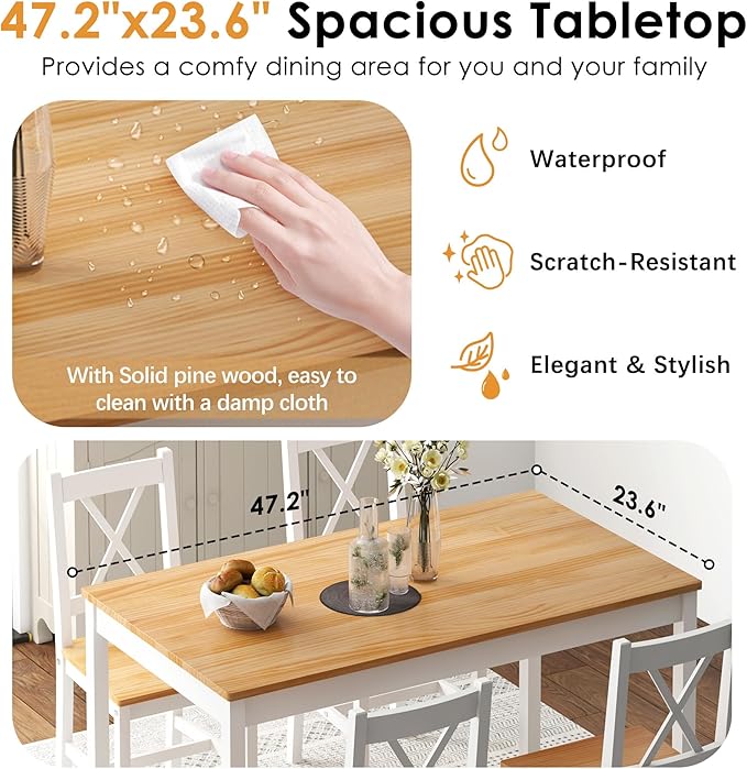 sogesfurniture Dining Table Set for 4，Dinette Set for 4 Small Space,5 Pieces Dining Table for Kitchen, Dining Room 47.5'', Pine Wood,Oak&White