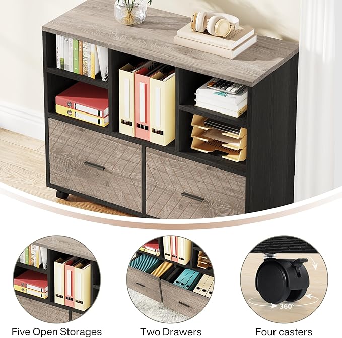Tribesigns 2-Drawer Wood File Cabinet, Mobile Lateral Filing Cabinet for Hanging Letter Size Files, Printer Stand with Open Storage Shelves for Home Office (Gray & Black)