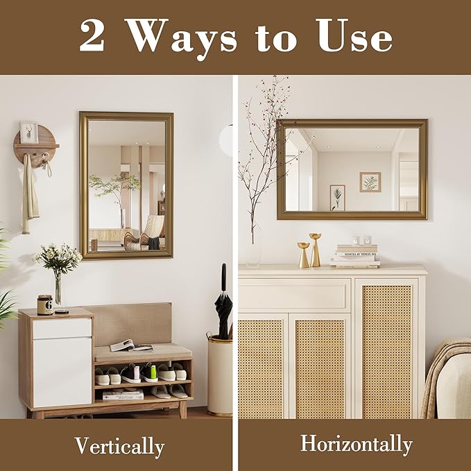 Axeman 30x40 Rectangular Wall Mirror, Decorative Bathroom Mirror, Traditional Vintage Wall Mounted Mirror with Beaded Frame for Accent Living Room Vanity Bedroom Entryway, Gold