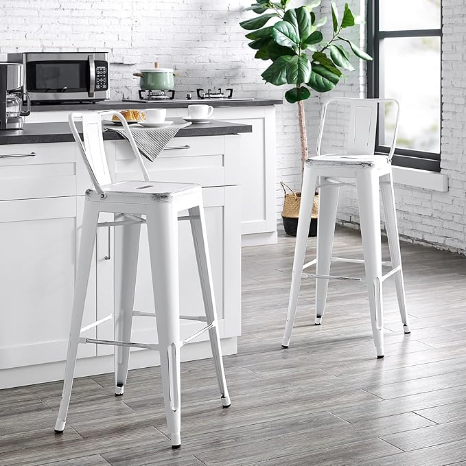 AC Pacific 30” Metal Barstool Set of 2 – Country Rustic Style with Low Back, Lightweight & Sturdy Build, Easy Assembly – Distressed Snow White