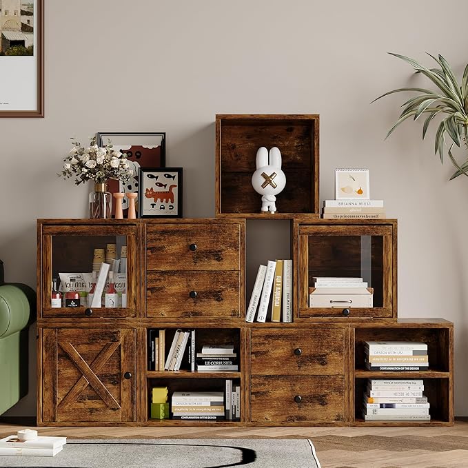 FUSUNBAO Magic DIY Cube Storage Organizer Stackable Cubes for Home Books Clothes Toy-Modular Cubby Storage System-Office Cubical-Bookcase Closet (Antique Brown, Drawer Cube)