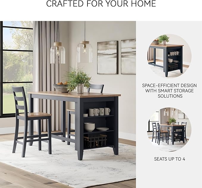 Signature Design by Ashley Gesthaven Modern Counter Height Dining Table with 3 Shelves and Trestle Base, Light Brown & Blue