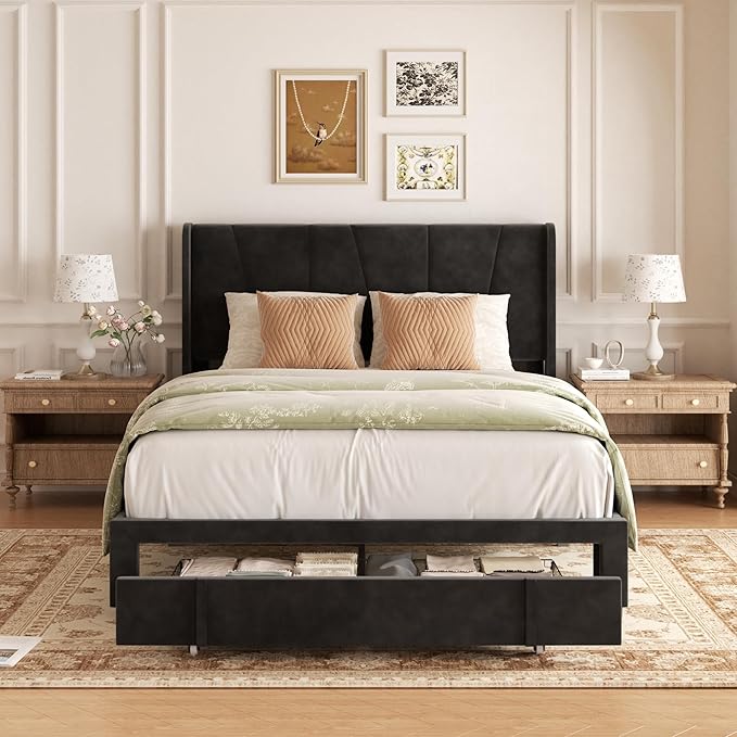 Full Bed Frame with Storage Drawers, Upholstered Platform Bed with Headboard and Wingboard, No Box Spring Needed, Noise Free, Easy Assembly, Wooden Support Slats, Black