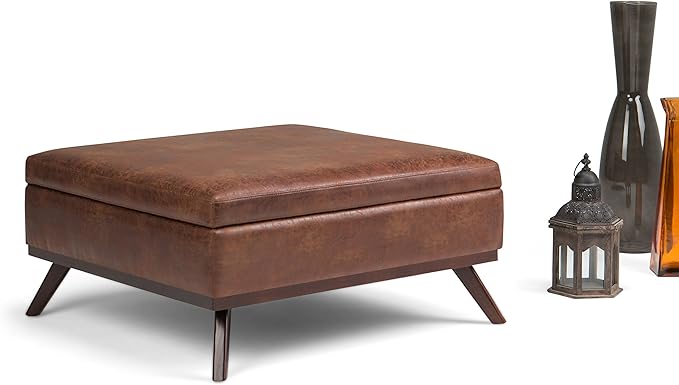 SIMPLIHOME Owen 36 inch Wide Mid Century Modern Square Coffee Table Storage Ottoman in Distressed Saddle Brown Vegan Faux Leather, Assembled, For the Living Room, Entryway and Family Room