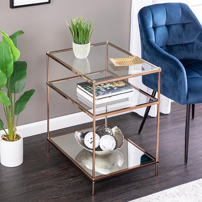 SEI Furniture Knox Side Table - Metallic Gold Metal Frame With Glass Top - Glam Style Décor, Copper