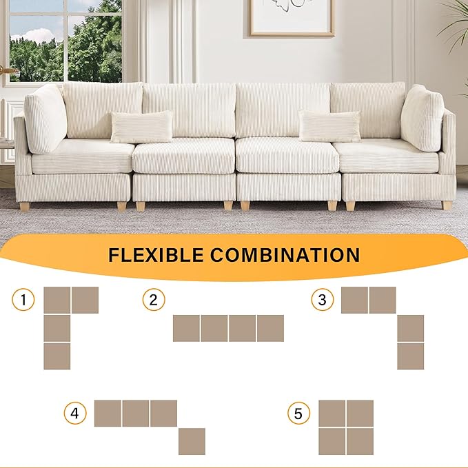 126" Convertible L-Shaped Modular Sectional Sofa, 4 Seater Corduroy Upholstered Corner Sofa Couch with Extra Wide Deep Seat, DIY Combination Lounger Sofa with Solid Wood Legs for Living Room Office