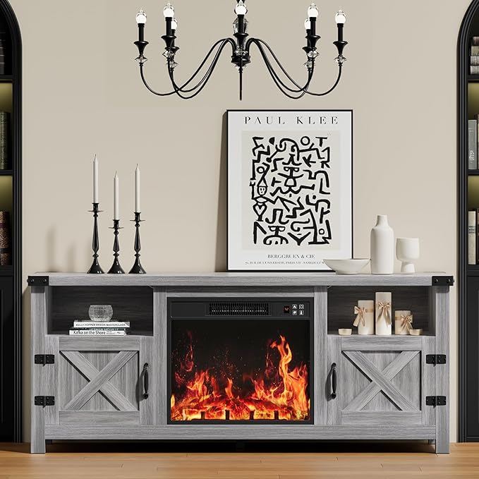 YESHOMY Fireplace TV Stand with Barn Doors and Open Display Shelf, Farmhouse Media Console with Hidden Cable Routing, Entertainment Center for Televisions up to 65+ Inch, Gray