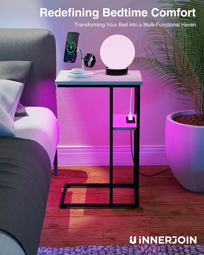 Innerjoin Side Table with Charging Station Set of 2, C Shaped End Table with LED Light Strip, Fast Charge USB A&C Ports, Small Sofa Snack Laptop Side Table for Living Room Bedroom, White