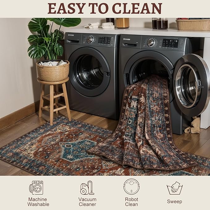 Tangsoo 2x6 Washable Runner Rug for Hallways, Non Slip Vintage Runner Rug, Soft Low Pile Long Rug Runner, Print Distressed Carpet Runners for Kitchen Bedroom Entryway Bathroom Living Room Rust
