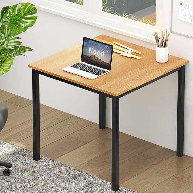 Need Small Square Dining Table- 31-1/2'' Sturdy and Heavy Duty Writing Desk for Small Spaces and Writing Table Desk, Teak Color Desktop & Black Frame AC3BB(8080) Breakroom Table