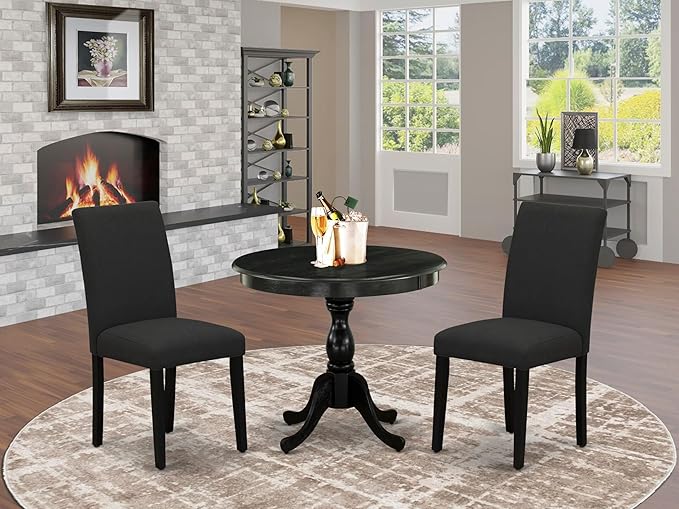 East West Furniture AMAB3-ABK-24 3 Piece Modern Dining Table Set Contains a Round Kitchen Table with Pedestal and 2 Black Color Linen Fabric Upholstered Chairs, 36x36 Inch, Wirebrushed Black