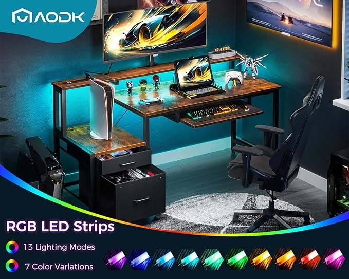 AODK Computer Desk with Drawers and Keyboard Tray, 48" Office Desk with Power Outlet and LED Lights, Reversible Study Work Desk with Printer Shelf and PC Stand for Home Office, Vintage