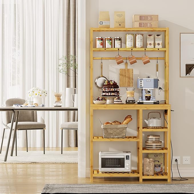 Bakers Rack with Power Outlets, 8-Tier Microwave Stand, Kitchen Utility Storage Shelf 10 S-Shaped Hooks, Coffee Bar Table Station, Standing Rack, 31.5 x 15.7 x 65 Inches, Bamboo