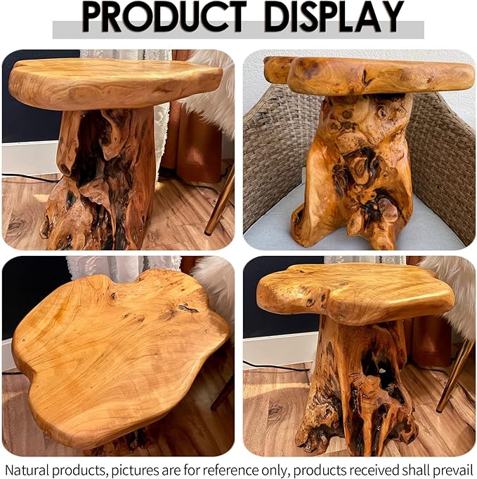 Mushroom Side Table, 18.9 inch Tall Live Edge Wood Stool, Freeform Natural Plant Stand for Garden, Yard, Living Room, Bedroom