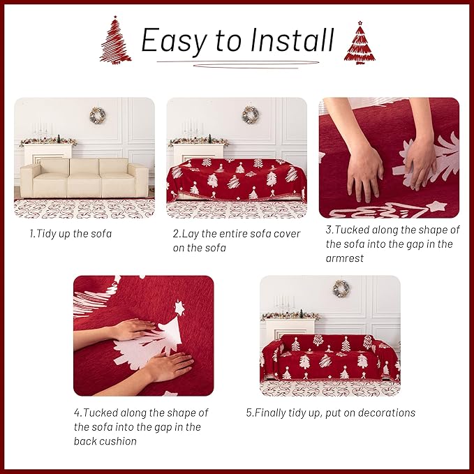MYSKY HOME 71X134 inches Sofa Christmas Couch Cover, Sectional Sofa Covers Sofa Slipcover for 3 Cushion Couch, L Shape Couch Covers for Dogs, Kids, Washable Sofa Blanket, Furniture Protector, Red