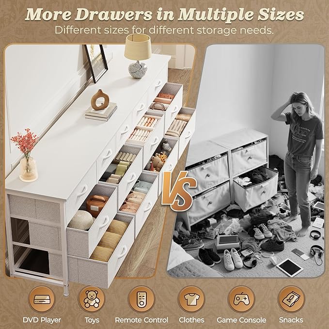Huuger 70 Inch White Dresser for Bedroom, TV Stand for 65, 75, 80 Inch TV, 13 Fabric Drawer Long Dresser, Wide Chest of Drawer, Storage Units for Bedroom