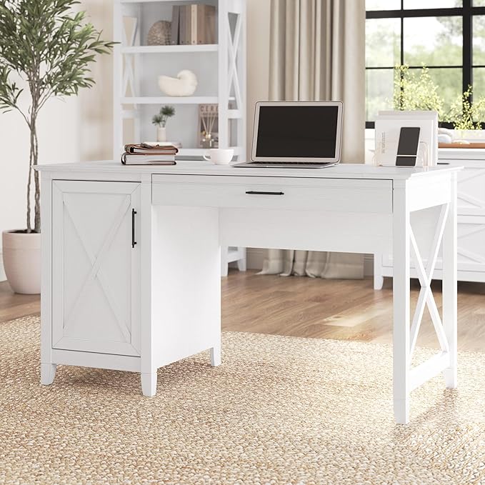 Bush Furniture Key West Computer Desk with Storage Farmhouse PC Table for Home Office in Pure White Oak 54W x 24D