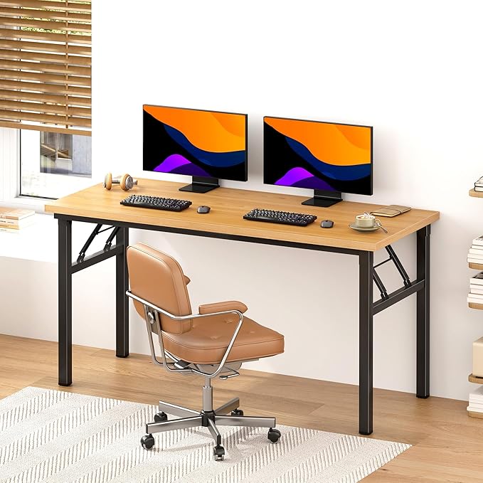 Need Office Computer Desk - 54.3L Sturdy and Heavy Duty Folding Laptop Table,Writing Table/Home Office Desk/Sewing Table,No Assembly Required (Teak&Black) AC5BB138