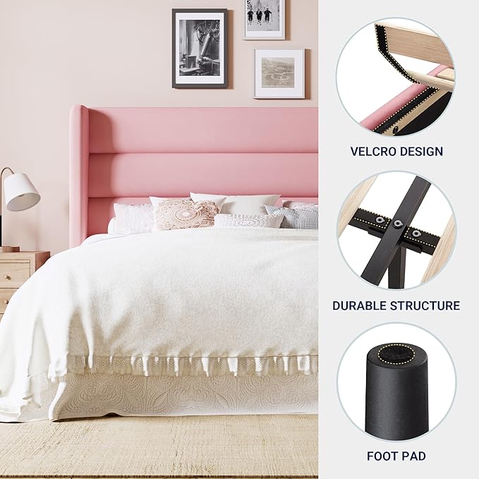 Allewie Queen Size Platform Bed Frame with Velvet Upholstered Wingback Headboard, No Box Spring Needed, Under Bed Storage Space, Strong Wooden Slats, Modern Mattress Foundation, Easy Assembly, Pink