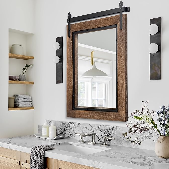 YOSHOOT Farmhouse Barn Door Mirror, 40"x30" Rustic Bathroom Mirror, Wood Frame Wall Mirror, Wooden Mirror for Living Room Bedroom Entryway Wall Décor, Vertical Hanging ONLY
