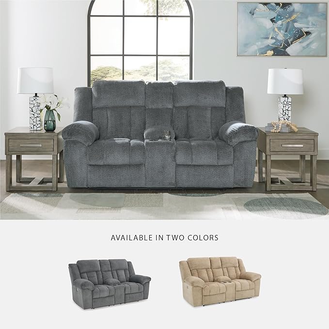 Signature Design by Ashley Tip-Off Modern Wall Hugger Power Reclining Loveseat with Adjustable Headrest, USB Ports, Storage and Cup Holders, Gray