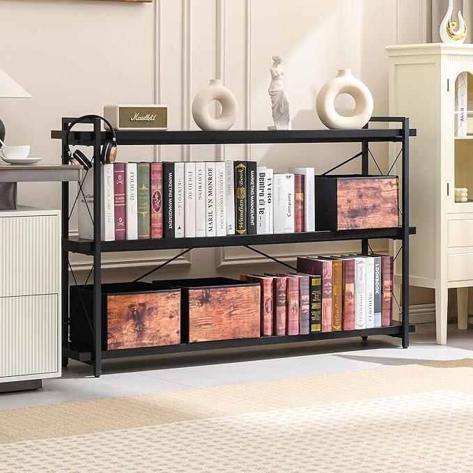 HCHQHS Bookshelf, 3-Tier Long Industrial Bookcase, Black Open Book Shelf, Freestanding Horizontal Bookshelves with Metal Frame