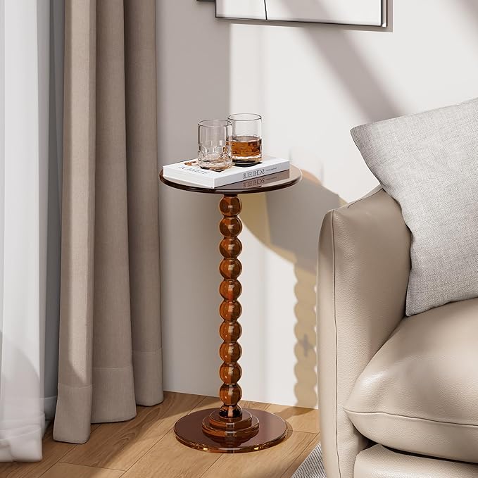 Acrylic Side Table, End Table Round Top with Solid Post for Living Room, Bedroom, Balcony, Easy Assembly (Clear) (Pedestal, Dark Brown)