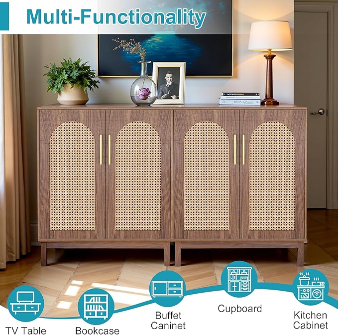 59" Sideboard Buffet Cabinet with Storage, Rattan Kitchen Buffet Storage Cabinet Set of 2, Modern Sideboard with Doors & Shelves for Living Room, Kitchen, Hallway, Dark Brown