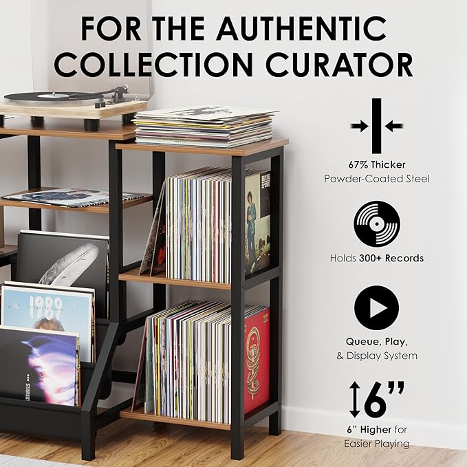 REVOLV Tall Record Player Stand with Vinyl Storage - Vinyl Record Stand with 3 Tier Shelf, Front Pouches - Versatile Music Table Cabinet for Books, Rustic Console Turntable Furniture for 300+ Records