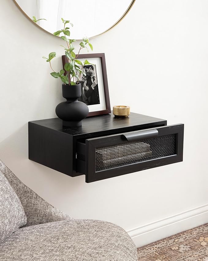 Kate and Laurel Ori Transitional Cane Rattan Floating Side Table with Pull-Out Storage Drawer, 18x13x6, Black